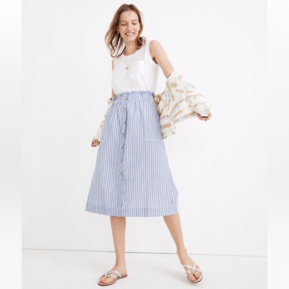 Madewell Paperbag Button-Front Midi Skirt in Stripe